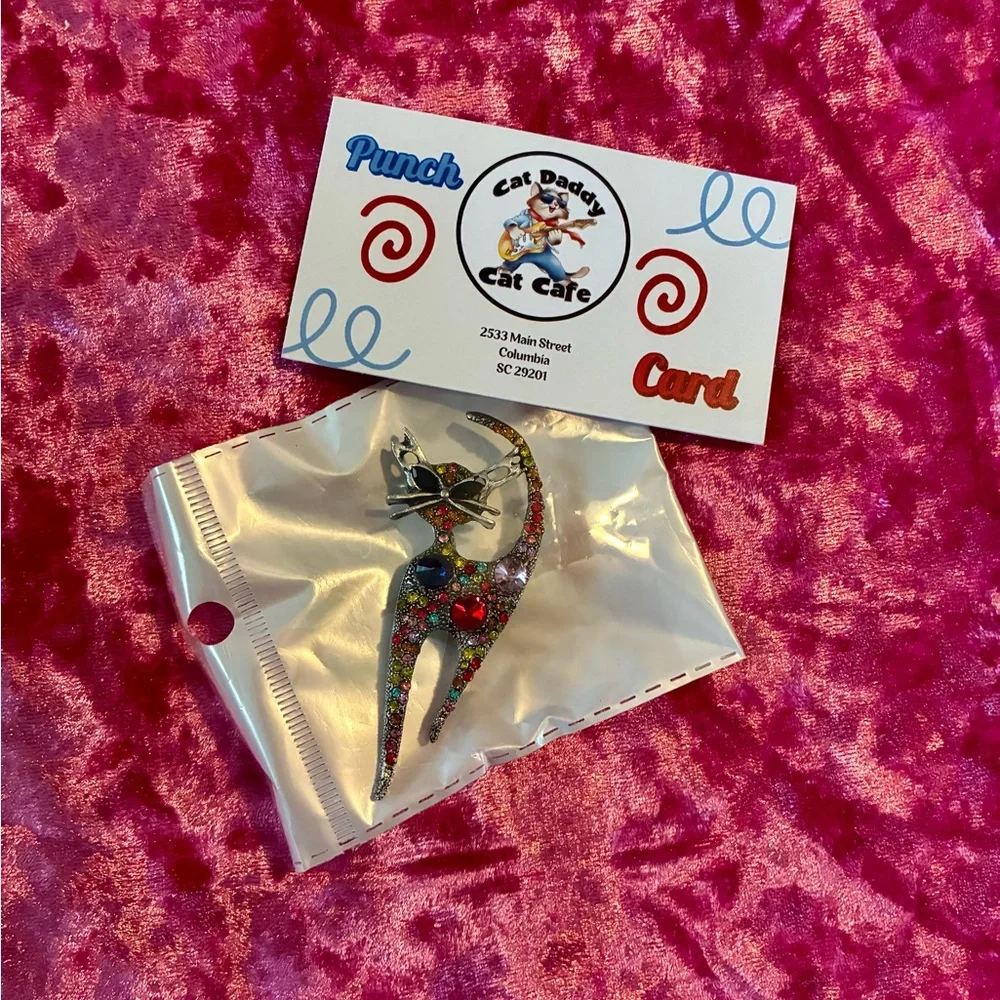 Rainbow Rhinestone Cat Brooch – Whimsical Statement Pin